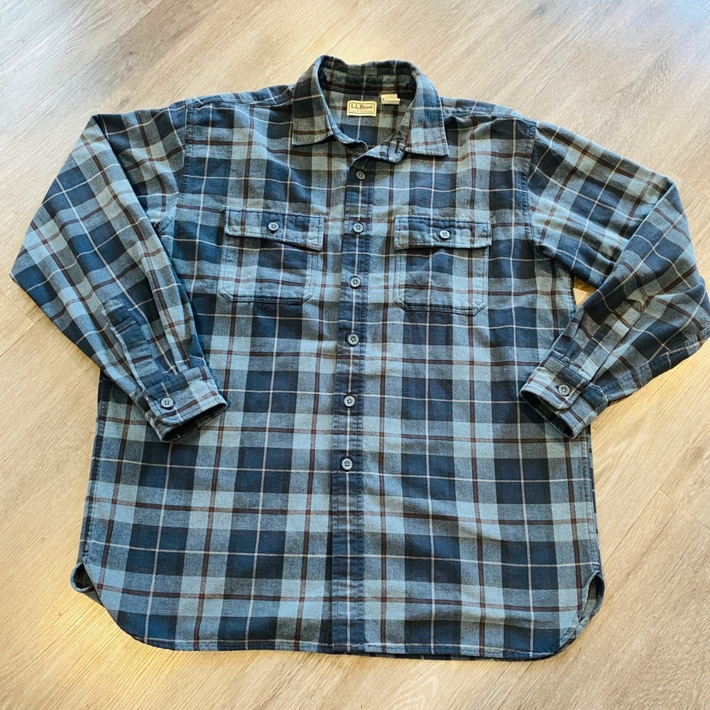 LL Bean Mens Flannel Shirt Large Regular Blue Grey Plaid Cotton Button Down MT06